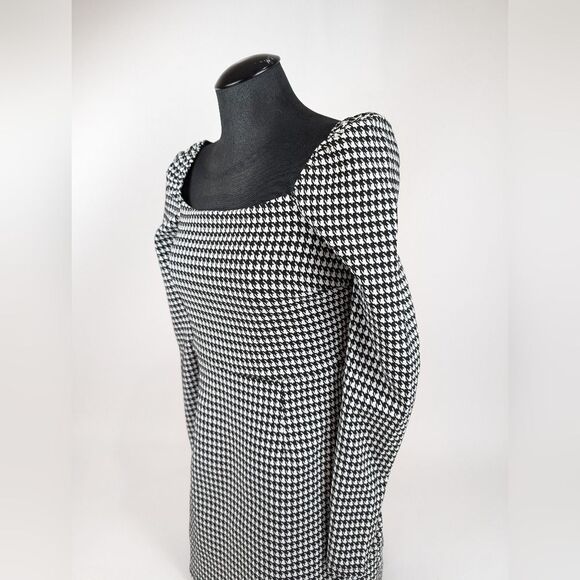 Mi Ami Houndstooth Black and White Long Sleeve Dress Puff Sleeve Mini Zip Large - Picture 7 of 9
